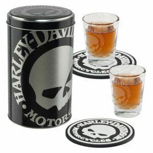 GLASS SHOT HARLEY DAVIDSON SKULL GIFT SET BIKER collectible canister coasters